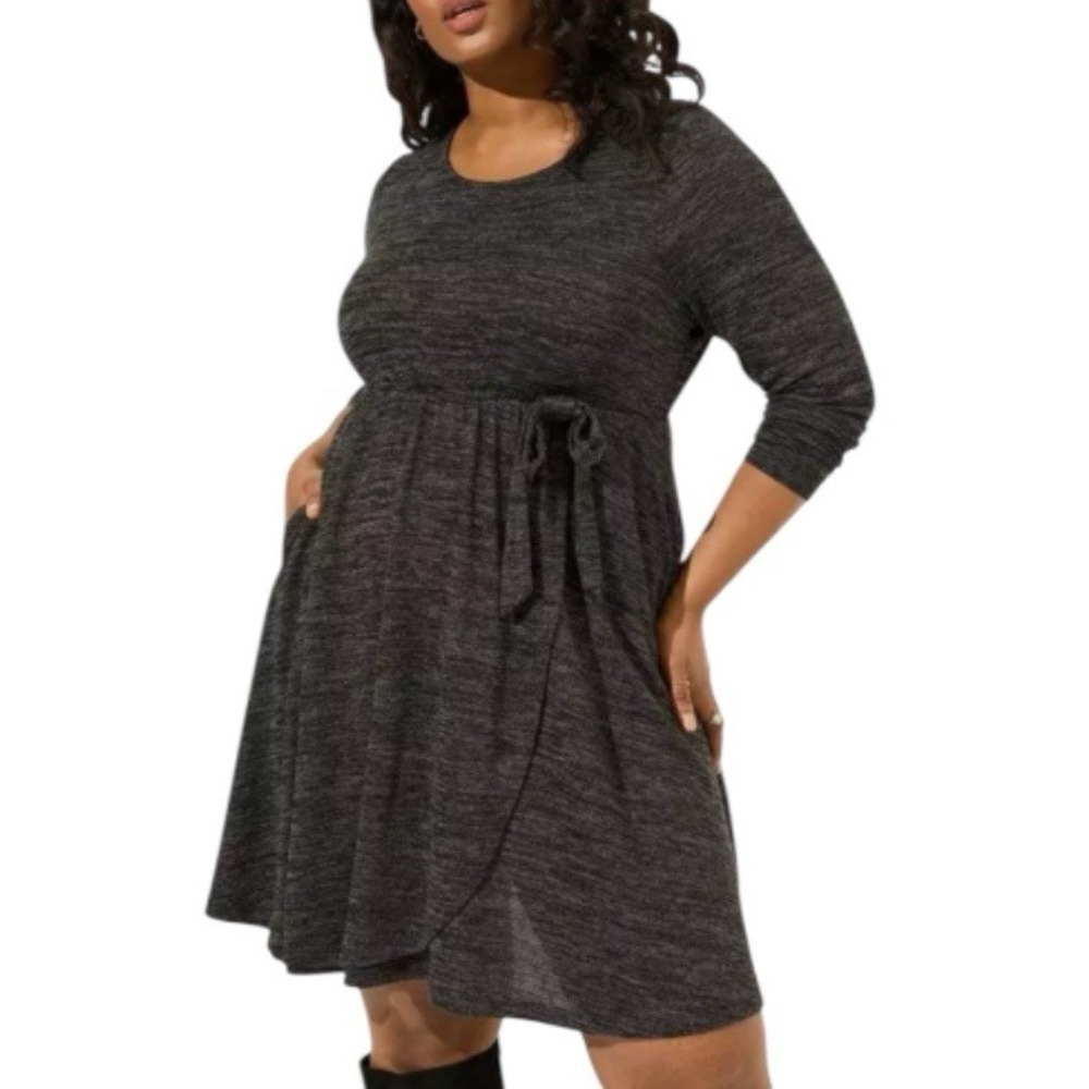 Torrid Plus 2X Faux Wrap Hacci Knit Dress Marled Black Long Sleeve Pockets NWT